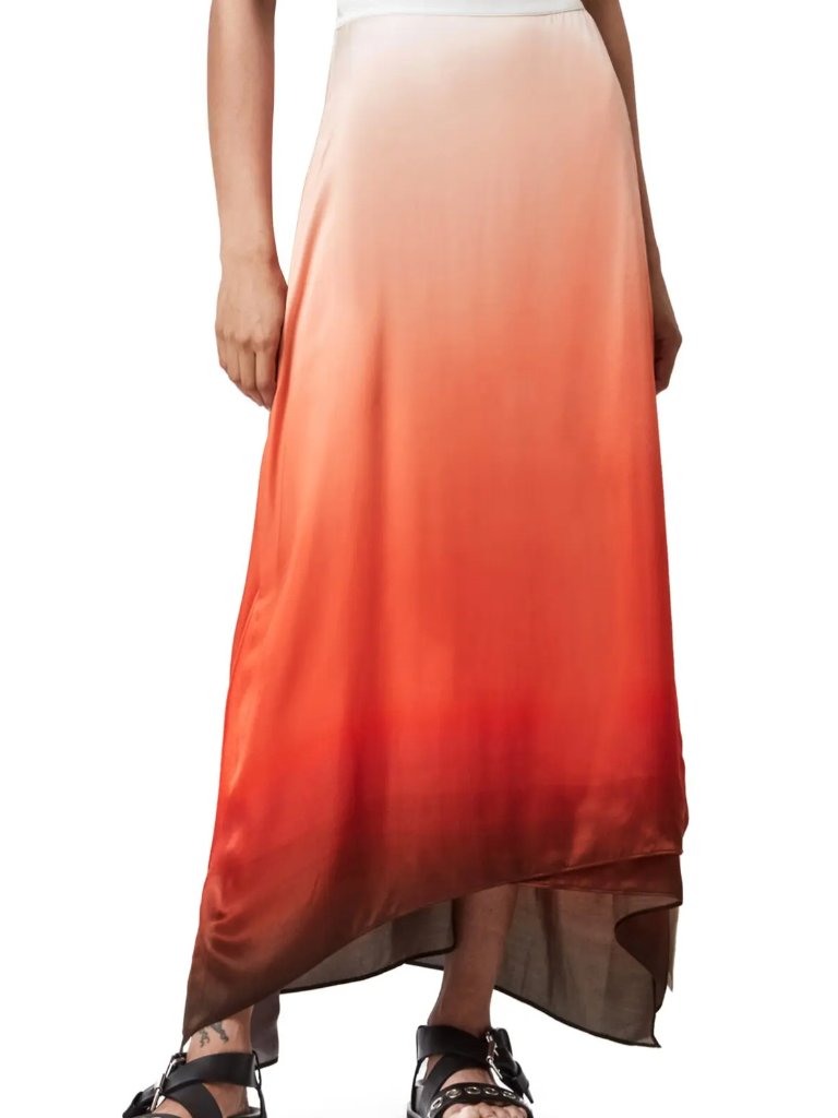 Allsaints Vinia Ombre Midi Skirt Blush To Burgundy Satin Silk Us 8
